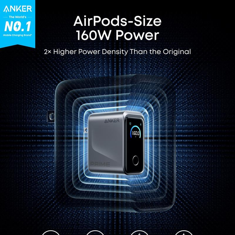 Anker Prime Charger, 160W 3-Port Compact USB-C Gan Charger Block, Smart Display and Touch Control, 140W Max Single-Port Charging, for Macbook, Ipad, Iphone 17 / 16 / 15 Series, and More