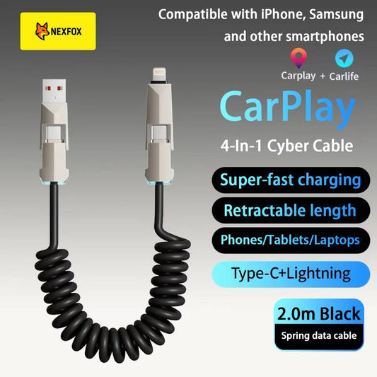 NEXFOX Cyber Cable - Carplay for Vehicles - Phones|Tablets|Laptops - Spring Data Cable - Fast Charging Data Sync for Iphone 17 with USB A, Type C, and Lightning