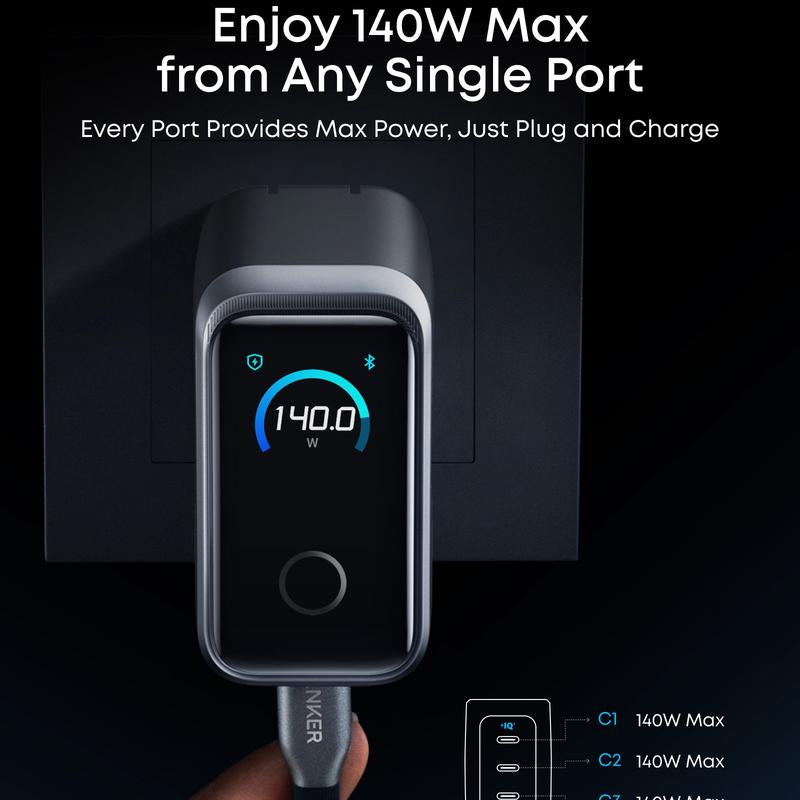 Anker Prime Charger, 160W 3-Port Compact USB-C Gan Charger Block, Smart Display and Touch Control, 140W Max Single-Port Charging, for Macbook, Ipad, Iphone 17 / 16 / 15 Series, and More