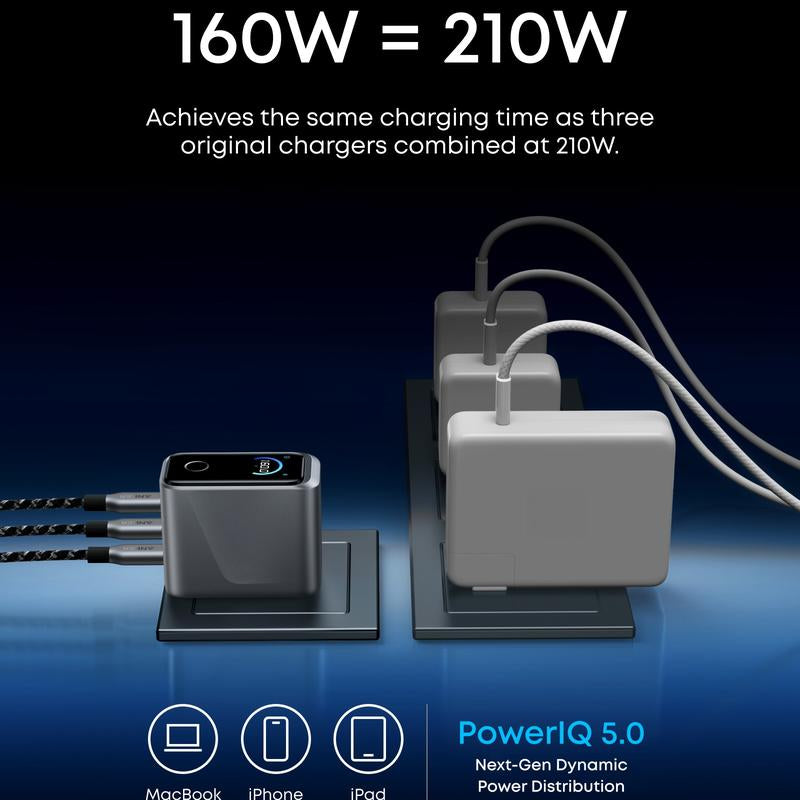 Anker Prime Charger, 160W 3-Port Compact USB-C Gan Charger Block, Smart Display and Touch Control, 140W Max Single-Port Charging, for Macbook, Ipad, Iphone 17 / 16 / 15 Series, and More