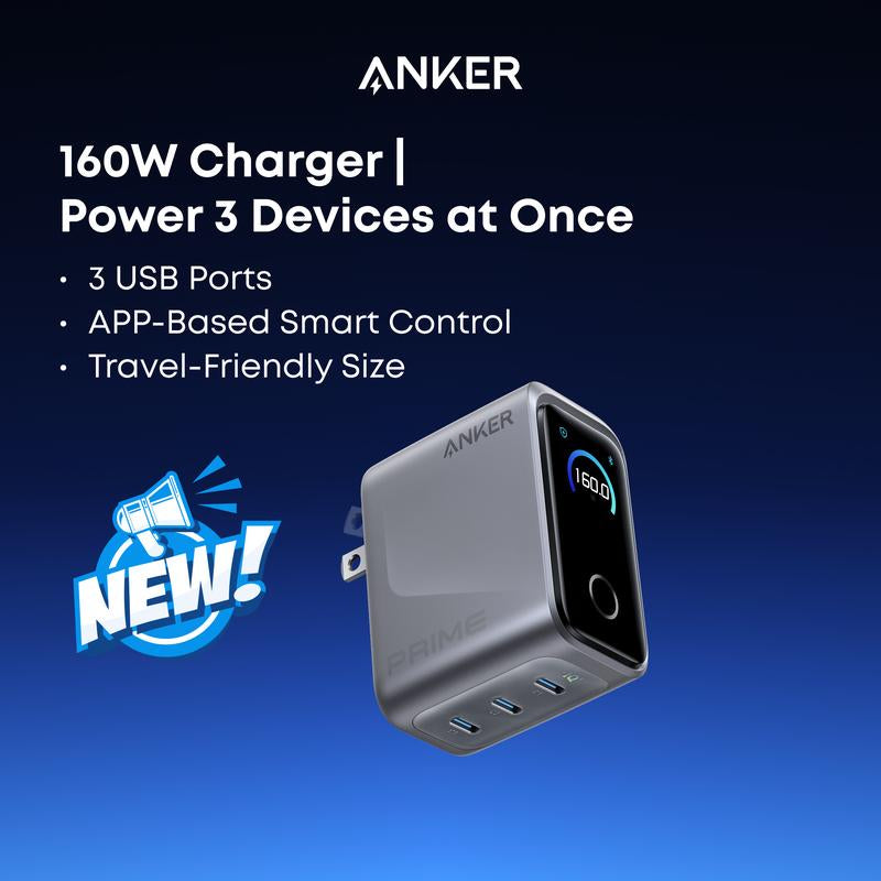 Anker Prime Charger, 160W 3-Port Compact USB-C Gan Charger Block, Smart Display and Touch Control, 140W Max Single-Port Charging, for Macbook, Ipad, Iphone 17 / 16 / 15 Series, and More