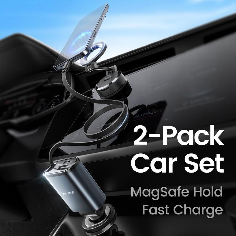 Lamicall 2-In-1 Magsafe Car Mount & Retractable USB-C Fast Car Charger Combo – 57W Ultra-Compact Phone Holder + Charger, Fits Iphone 16/15 Pro Max, Galaxy S25/S24 Ultra, Pixel Adjustable