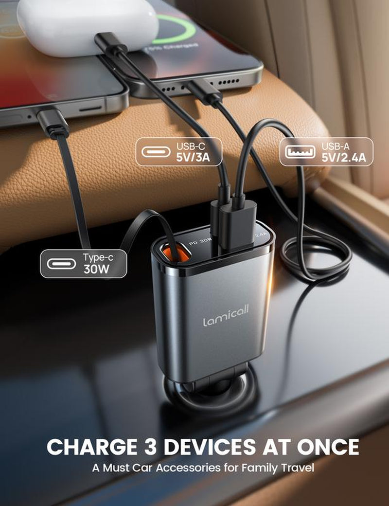 Lamicall 2-In-1 Magsafe Car Mount & Retractable USB-C Fast Car Charger Combo – 57W Ultra-Compact Phone Holder + Charger, Fits Iphone 16/15 Pro Max, Galaxy S25/S24 Ultra, Pixel Adjustable