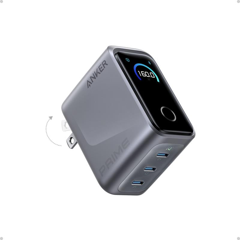 Anker Prime Charger, 160W 3-Port Compact USB-C Gan Charger Block, Smart Display and Touch Control, 140W Max Single-Port Charging, for Macbook, Ipad, Iphone 17 / 16 / 15 Series, and More