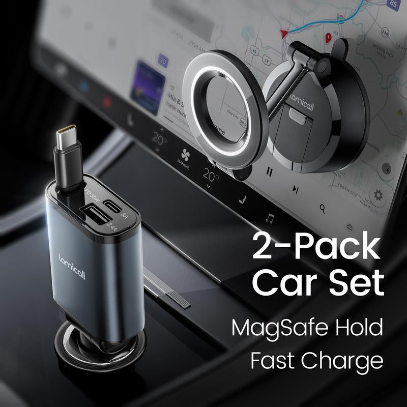 Lamicall 2-In-1 Magsafe Car Mount & Retractable USB-C Fast Car Charger Combo – 57W Ultra-Compact Phone Holder + Charger, Fits Iphone 16/15 Pro Max, Galaxy S25/S24 Ultra, Pixel Adjustable