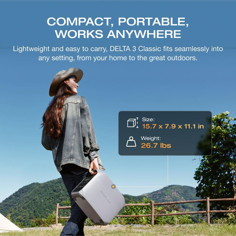 EF ECOFLOW DELTA 3 Classic Portable Power Station with 220W Solar Panel, Solar Charging, Lifepo4 Battery, 1800W AC/100W USB-C Output
