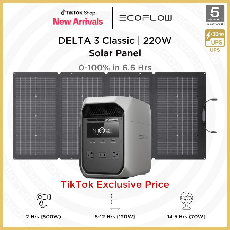 EF ECOFLOW DELTA 3 Classic Portable Power Station with 220W Solar Panel, Solar Charging, Lifepo4 Battery, 1800W AC/100W USB-C Output