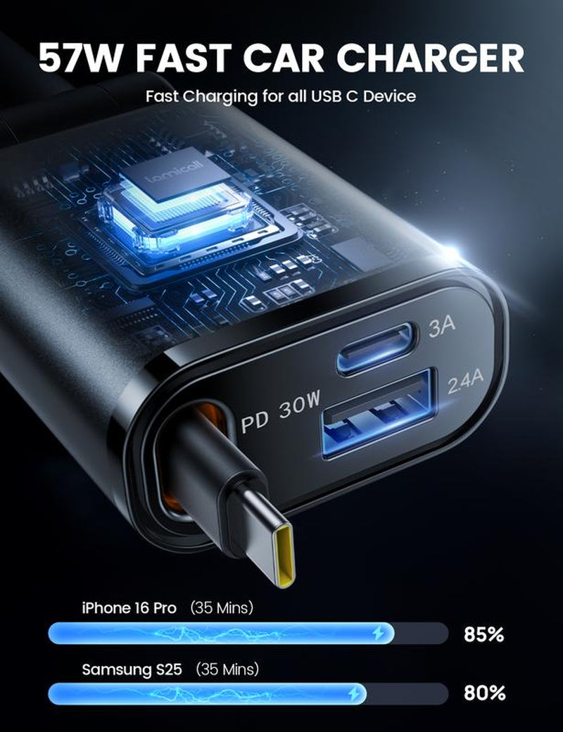 Lamicall 2-In-1 Magsafe Car Mount & Retractable USB-C Fast Car Charger Combo – 57W Ultra-Compact Phone Holder + Charger, Fits Iphone 16/15 Pro Max, Galaxy S25/S24 Ultra, Pixel Adjustable