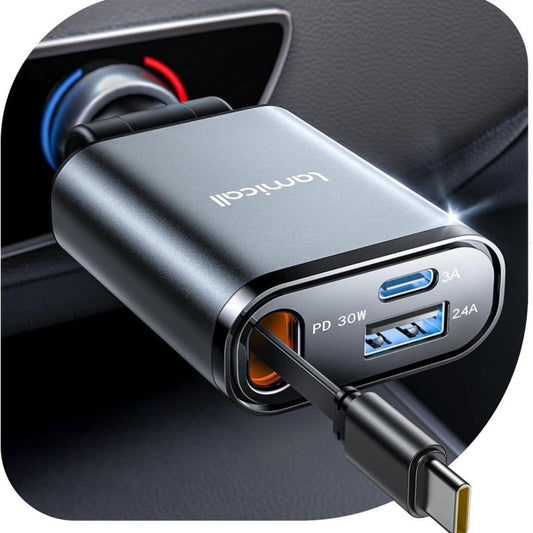 Lamicall 2-In-1 Magsafe Car Mount & Retractable USB-C Fast Car Charger Combo – 57W Ultra-Compact Phone Holder + Charger, Fits Iphone 16/15 Pro Max, Galaxy S25/S24 Ultra, Pixel Adjustable