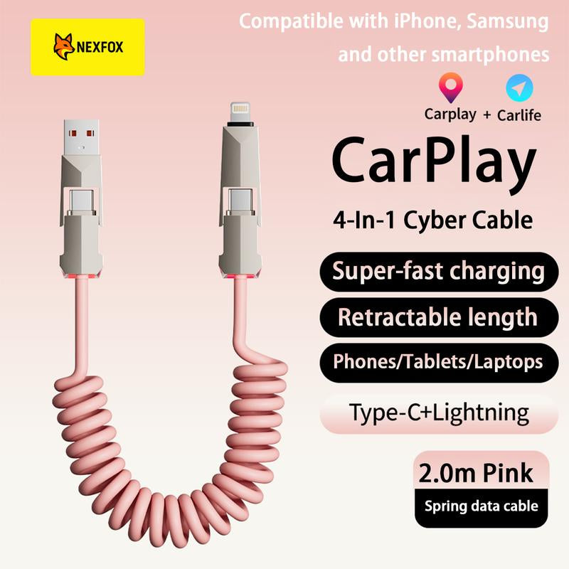 NEXFOX Cyber Cable - Carplay for Vehicles - Phones｜Tablets｜Laptops - Spring Data Cable - Fast Charging Data Sync for Iphone 17 with USB A, Type C, and Lightning