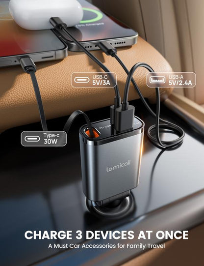 Lamicall 2-In-1 Magsafe Car Mount & Retractable USB-C Fast Car Charger Combo – 57W Ultra-Compact Phone Holder + Charger, Fits Iphone 16/15 Pro Max, Galaxy S25/S24 Ultra, Pixel Adjustable