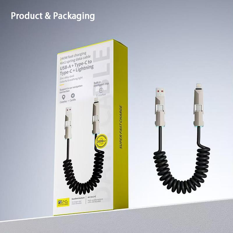 NEXFOX Cyber Cable - Carplay for Vehicles - Phones｜Tablets｜Laptops - Spring Data Cable - Fast Charging Data Sync for Iphone 17 with USB A, Type C, and Lightning