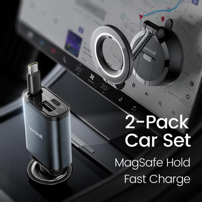 Lamicall 2-In-1 Magsafe Car Mount & Retractable USB-C Fast Car Charger Combo – 57W Ultra-Compact Phone Holder + Charger, Fits Iphone 16/15 Pro Max, Galaxy S25/S24 Ultra, Pixel Adjustable