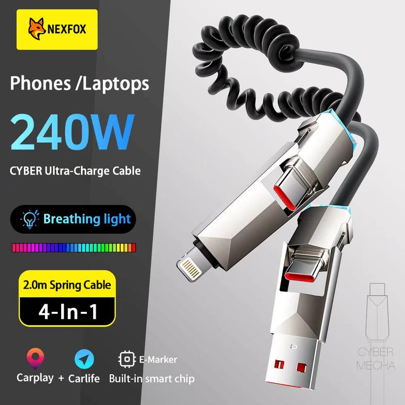 NEXFOX Cyber Cable - Carplay for Vehicles - Phones｜Tablets｜Laptops - Spring Data Cable - Fast Charging Data Sync for Iphone 17 with USB A, Type C, and Lightning